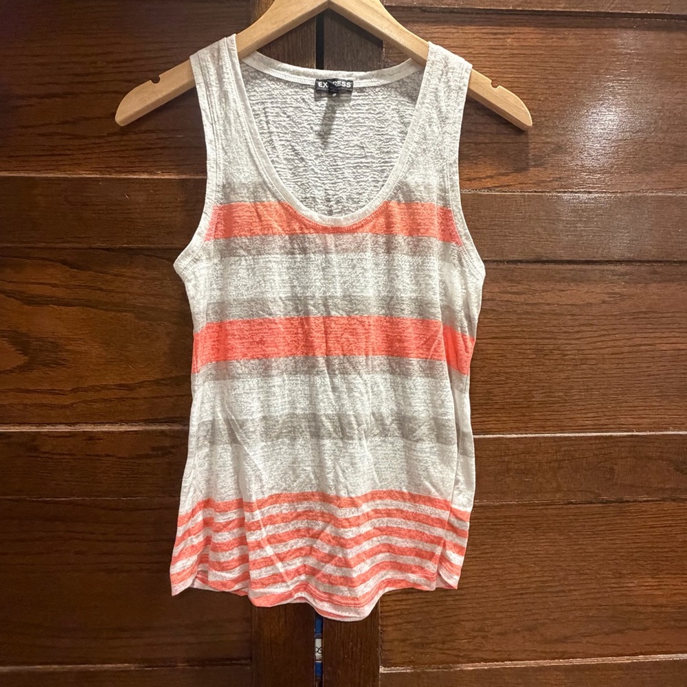 ✅ Express XS Coral White Striped Tank Top burn out semi sheer 2015 summer beach